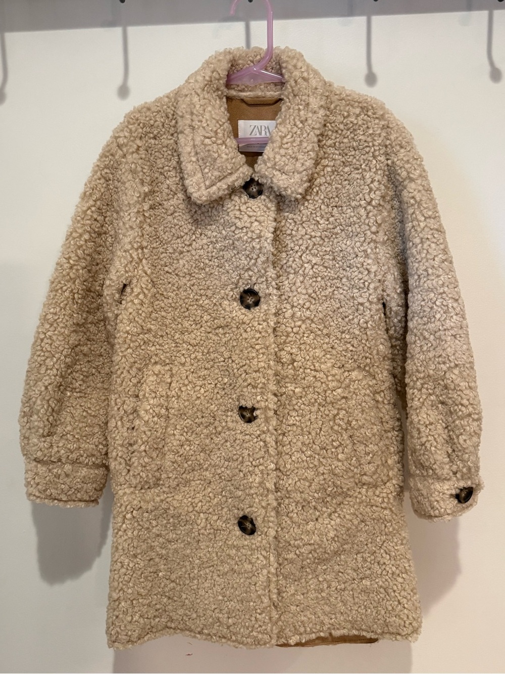 Zara Girls Size 8 Beige Teddy Sherpa Coat Long Button Jacket